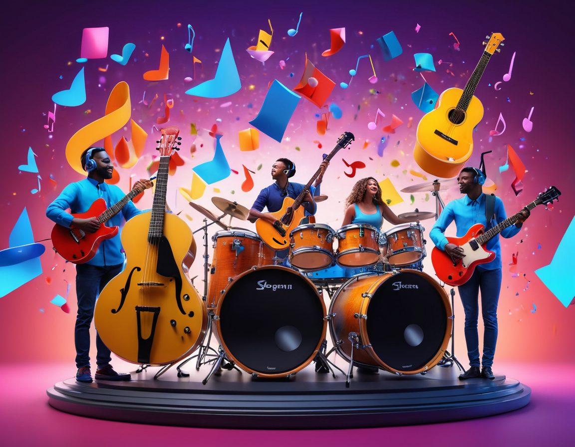 A vibrant scene of diverse people joyfully engaging with music, surrounded by colorful musical notes and instruments like guitars and drums. Include elements like vinyl records and headphones to symbolize sharing and discovering melodies. The backdrop should be a lively festival atmosphere with bright lights and an uplifting vibe. super-realistic. vibrant colors. 3D.