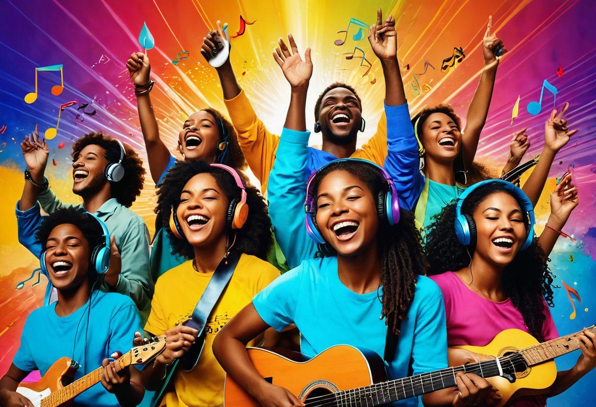 A colorful collage of diverse people joyfully listening to music on headphones, with musical notes and vibrant sound waves flowing around them. Include various instruments like guitars, pianos, and drums blending into the background, symbolizing uplifting tunes. Radiant beams of light representing happiness should radiate from the center. The overall vibe should convey positivity and celebration of music. vibrant colors. super-realistic.